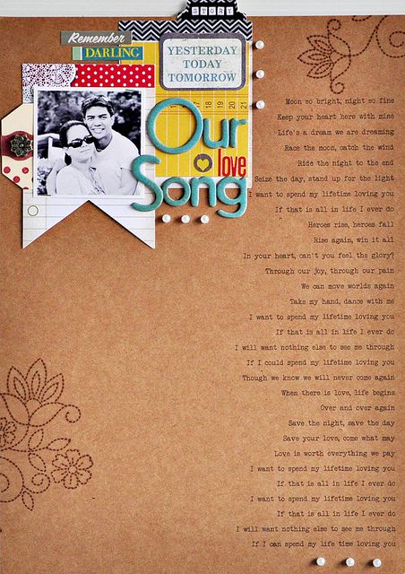 Our Song - Layout Idea {How about doing one for your kids each year with their favorite song lyrics}  <3 Craftyagentmom Boyfriend Scrapbook, Couple Scrapbook, Our Adventure Book, Anniversary Scrapbook, Anniversaire Diy, Our Song, Album Scrapbook, Wedding Scrapbook, Studio Calico