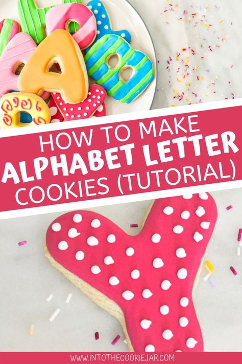 Check out this colorful guide on how to make alphabet letter cookies, which are perfect for making Happy Birthday signs, spelling out your kid's names, or anything else you can think to spell. Made with sugar cookie dough and decorated with royal icing, these are truly incredible cookie tutorials. Party Cookies Recipe, Decorate Letters, Letter Cookies, Abc Cookies, Letter Cookie, Colorful Cookies, Royal Icing Cookies Recipe, Cookie Decorating Icing, Cookie Recipes For Kids