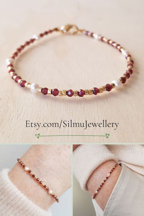 Handmade dainty stacking bracelet features a mix of the tiniest red garnet gemstones in red wine tones, tiny freshwater pearls and gold seed beads to make a delicate, modern cool bracelet Red Crystal Bracelet, Tiny Bead Bracelet, Red Beaded Bracelet, Trending Bracelets, January Birthday, Bead Charms Diy, Garnet Bracelet, Beads Bracelet Design, Handmade Jewelry Tutorials