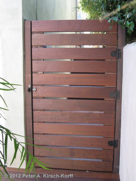 Custom Ironwood Horizontal Access Gate - Play Del Rey / Pacific Palisades, CA Wood Gates Driveway, Yard Fencing, Backyard Gates, Side Gate, Arbor Ideas, Wooden Gate, Side Gates, Gates And Fences, Front Fence