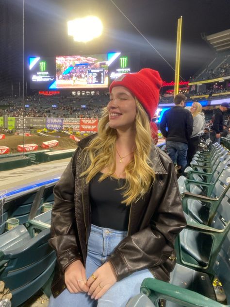 winter outfit ideas angel stadium supercross ootd beanie Supercross Outfit, Stadium Outfit, Angel Stadium, Europe Outfits, Winter Outfit Ideas, Outfits Winter, Winter Outfit, Nashville, Winter Outfits