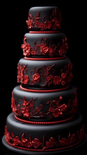 Premium Photo | Black and red wedding cake with a red ribbon and flowers. Dark Wedding Cake, Black And Red Wedding Cake, Red And Black Wedding Cake, Gothic Cakes, Red Wedding Cake, Black And Red Wedding, Steam Trunk, Crimson Wedding, Gothic Cake