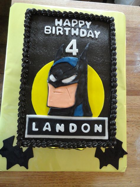 Batman - 1/4 sheet cake covered in Chocolate BC.  Batman head is MMF/Gumpast mixture.  Letters and bats are MMF. Batman Birthday Cakes, Slab Cake, Buttercream Fondant, Batman Theme, Batman Kids, Batman Birthday Party, Super Hero Theme, Batman Birthday, Superhero Cake