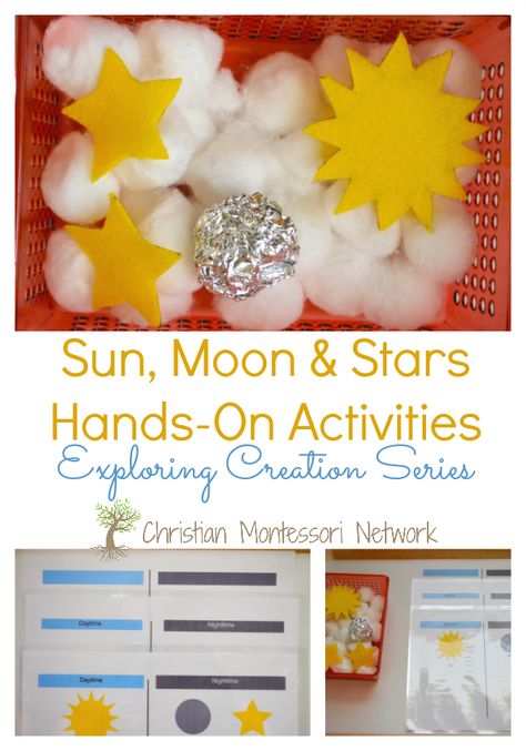 Sun, Moon, and Stars Hands-on Activities, part of the exploring Creation through Hands-On Learning for kids series. Sun Activity, Creation Activities, Moon Activities, Sun Moon And Stars, Worksheets For Preschool, Bible Crafts For Kids, Activities For Children, Stars Craft, Creation Crafts