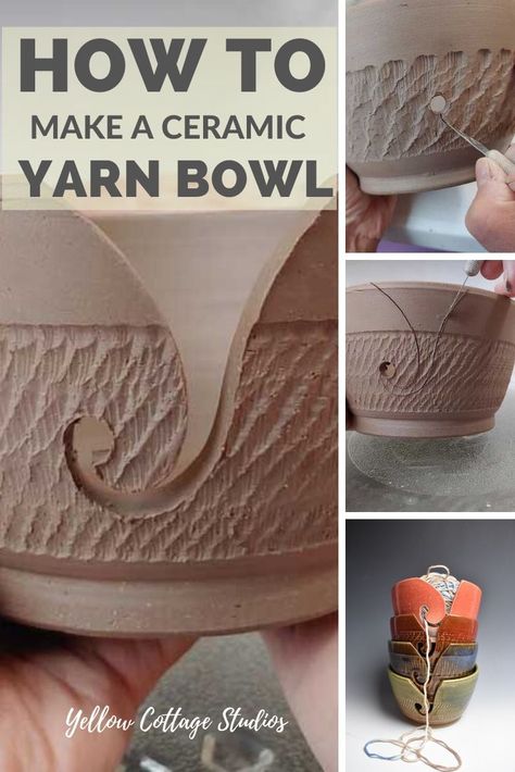 Yarn Bowls Pottery, Ceramic Yarn Bowl, Pottery Lessons, Yarn Bowls, Yellow Cottage, Mary Maxim, Beginner Pottery, Velvet Yarn, Pottery Handbuilding