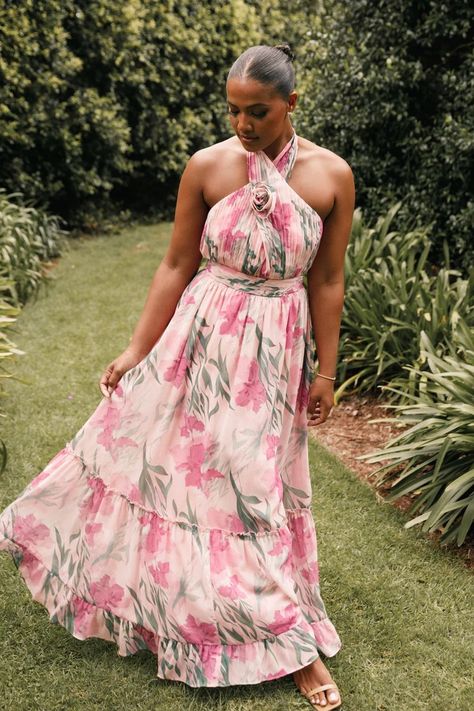 Lennon Halterneck Maxi Dress - Pink Floral - Petal & Pup USA Satin Dresses Long, Spring Wedding Guest, Romantic Floral Print, Halter Gown, Midi Shift Dress, Resort Dresses, Essential Dress, Usa Dresses, Wedding Guest Outfit Summer