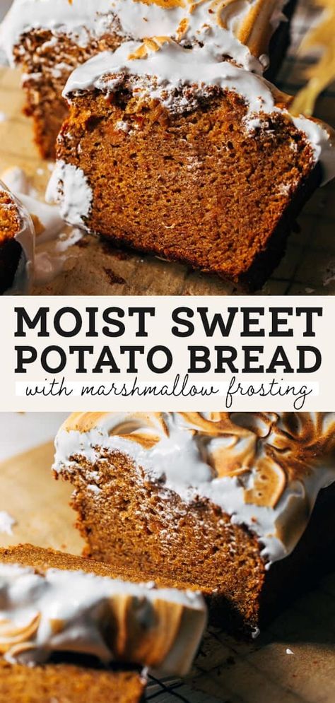 This sweet potato bread is incredibly moist and topped with a marshmallow meringue frosting. Filled with warm spices and freshly baked sweet potato, this bread is full of flavor with the most mouth watering texture. #sweetpotatobread #sweetpotato #butternutbakery | butternutbakeryblog.com Sourdough Sweet Potato Bread, Sweet Potato Bread Recipe Easy, Sweet Potato Cornbread Recipes, Sweet Potato Banana Bread, Sweet Potato Desserts, Sweet Potato Bread Recipe, Sweet Potato Frosting, Marshmallow Meringue, Sweet Potato Cornbread