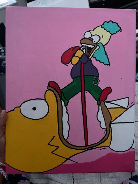 Simpson Painting Ideas, Cartoon Drip Art, Cartoons To Paint, Painting Ideas On Canvas Y2k, Cool Cartoon Paintings, 90s Painting Ideas, Simpsons Painting, Cartoon Paintings Easy, Painting Ideas On Canvas Cartoon