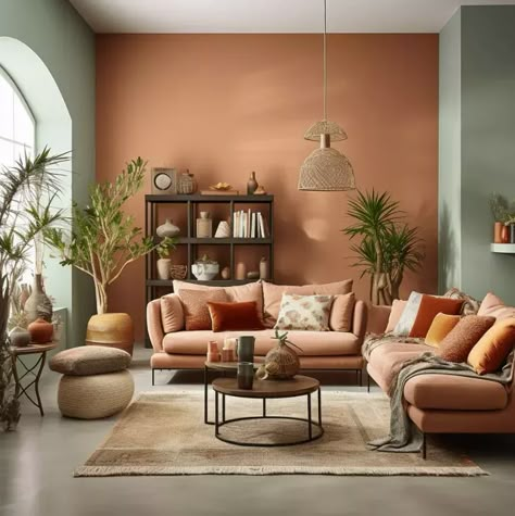 Terracotta Living Room, Color Palette Living Room, Living Room Orange, Pink Living Room, Home Design Living Room, Living Room Green, Living Room Colors, Boho Living Room, Living Room Inspo