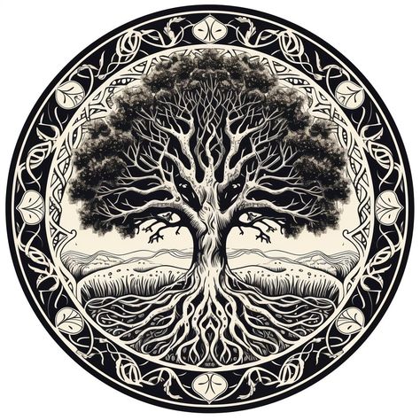 Norse Tree Of Life Tattoo, World Tree Yggdrasil, World Tree Tattoo Norse Mythology, Norse World Tree, Yddrasil Tree, Thigh Sleeve Tattoo, Celtic Tree Tattoos, Negative Space Tattoo, Celtic Border