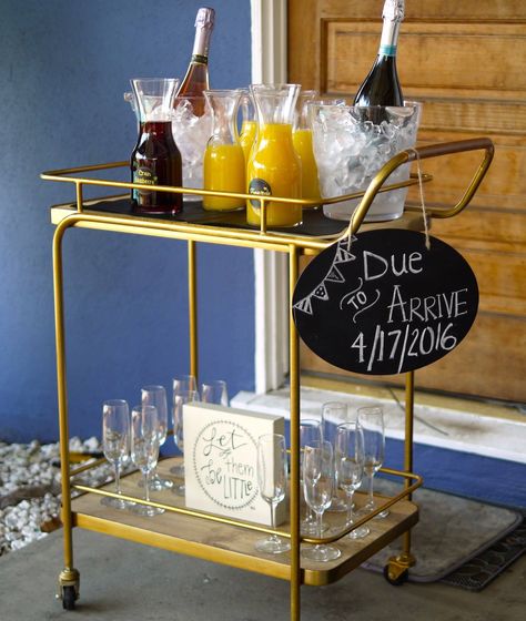 Baby Shower Mimosa Bar Cart Bar Cart Mimosa Bar, Mimosa Bar Cart Ideas, Mimosa Bar Cart, Mimosa Cart, Mimosas Bar, Baby Shower Mimosa Bar, Mimosa Drink, Event Rental Business, Shower Baskets