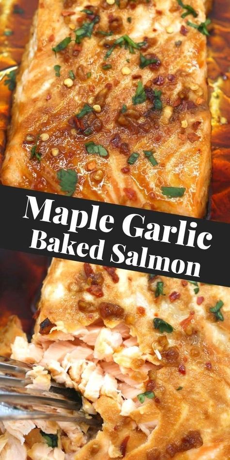 Maple Garlic Baked Salmon—foil baked salmon in maple, garlic and chili sauce. The salmon is moist and flaky and the recipe takes 25 minutes from start to finish. Garlic Baked Salmon, Maple Salmon, Garlic Baked, Chicken Items, Salmon Soy Sauce, Butter Potatoes, Sauce For Salmon, Garlic Salmon, Easy Salmon Recipes