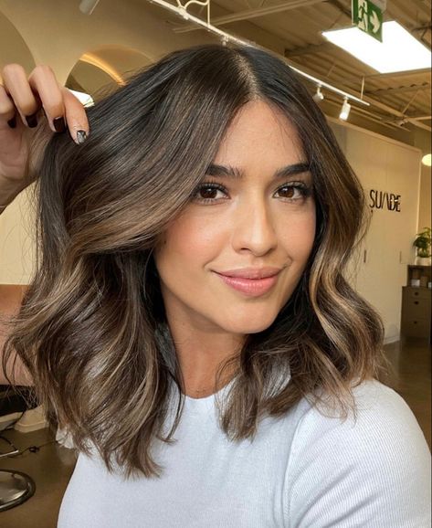 Lob With Lowlights Brunette, Short Dimensional Brunette, Cool Dimensional Brunette, Dimensional Brunette Bob, Brunette Hair Shoulder Length, Partial Balayage Brunettes, Hair Refresh, Dark Brunette Hair, Brown Hair Inspo