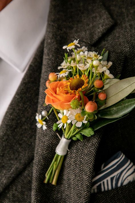 Groom Buttonhole Flowers Orange Rose Berry Northumberland Barn Wedding Erika Tanith Photography #wedding #buttonhole Wedding Button Holes, Groom Buttonhole, Orange Wedding Ideas, Wedding Buttonholes, Buttonhole Flowers, Groom Buttonholes, Button Holes Wedding, Winter Wedding Cake, Corsage And Boutonniere