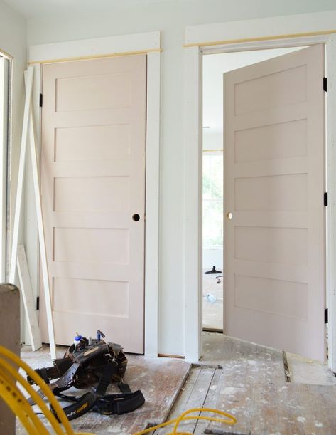 Pink Door Interior, Bathroom Vanity Next To Door, White Truffle Sherwin Williams Bedroom, Sw White Truffle, Sherwin Williams Gorgeous White, Pink Interior Door, Pink Trim Bedroom, Doeskin Sherwin Williams Paint, Pink Doors Interior