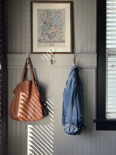 Beadboard Hallway, Beadboard Entryway, Diy Wall Trim, Beadboard Half Wall, Earthy Mood Board, Mud Room Wall, 1950s Remodel, Entry Hooks, Wall Trim Ideas