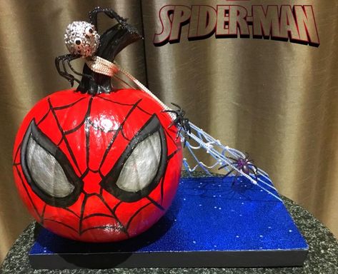 Painted Spiderman Pumpkin, Spider Man Pumpkin Painting Ideas, Spidey And Friends Pumpkin Painting, Ghost Spider Pumpkin, Spider Man Halloween Decorations, Pumpkin Painting Ideas Spiderman, Miles Morales Pumpkin, Spider Man Pumpkin, Super Hero Pumpkin Decorating