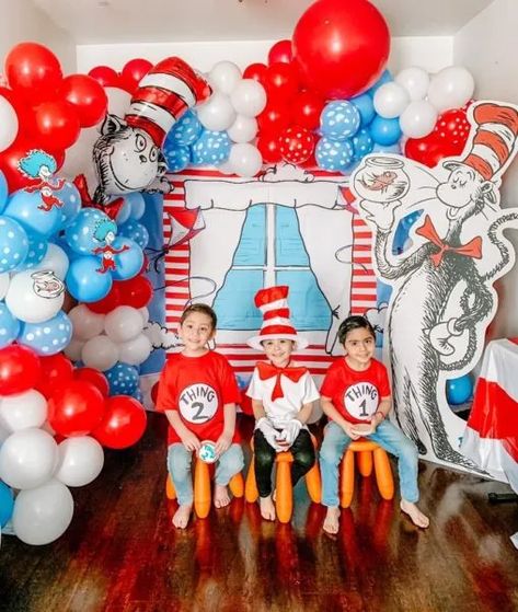 Dr Seuss Party Ideas Everyone Will Love - Darling Celebrations Dr Seuss Party Ideas Decoration, Dr Seuss Birthday Decorations, Dr Seuss 3rd Birthday Party Ideas, Dr Suess Party Ideas, Dr Seuss Photo Shoot, One I Am Dr Seuss Birthday Party, Thing1 And Thing2 Party Ideas, Cat In The Hat Birthday Party, Dr Suess Party Decor