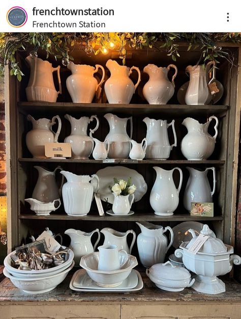 Ironstone Pitcher Display, Pitcher Display Ideas, Shelf Vignettes, Pitcher Decor Ideas, Ironstone Display, China Cabinet Decor, White Crockery, Ironstone Collection, Pitcher Decor