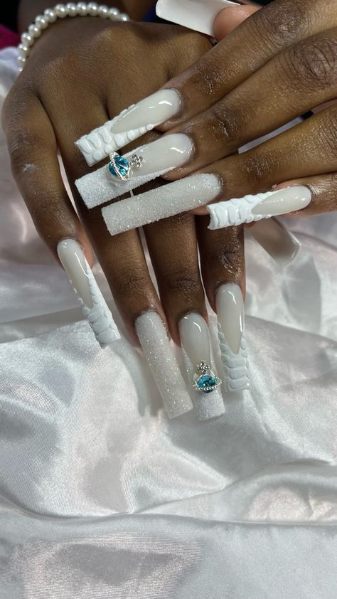 White Creative Nails, Milky White And Green Nails Acrylic, Long White Acrylic Nails With Gems, Milky White Nails Charms, White Dramatic Nails, Creamy Nails Design, White Based Nails, White Theme Nails, Stilleto Nails White