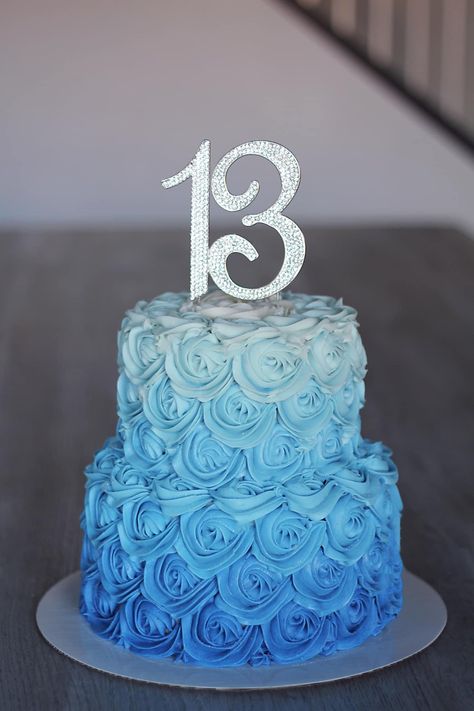 Blue Birthday Cakes 2 Tier, Blue And White Sweet 16 Cake, Blue Cake Sweet 16, Blue 13th Birthday Party Ideas, Sweet 16 Blue Cake, Teen Girl Birthday Cake Ideas, Two Tier Rosette Cake, Sweet 16 Cakes Blue, Blue Ombre Cake Birthdays