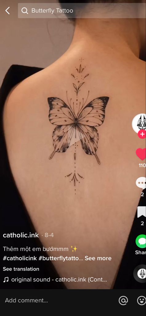 Spin Tattoos For Women Butterfly, Back Tattoo Women Spine Unique Butterfly, Long Tail Butterfly Tattoo, Fine Line Butterfly Tattoo Back, Ornamental Butterfly Tattoo, Sideways Butterfly Tattoo, Ornamental Butterfly, Butterfly Back Tattoo, Tattoo Women