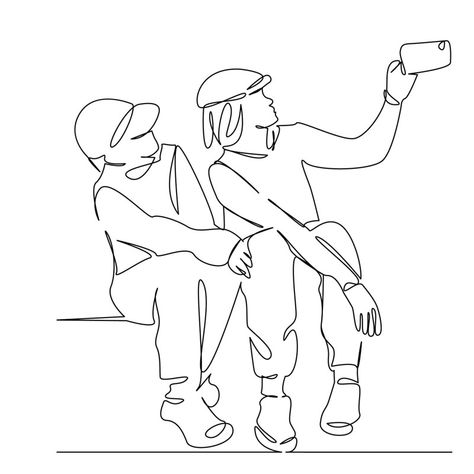 One continuous single drawing line art flat doodle friendship, mobile phone, selfie, communication, woman, outdoors. Isolated image hand draw contour on a white background, hand drawn, not AI Doodle Friendship, Single Drawing, Phone Selfie, Drawing Line Art, Two Friends, Hand Draw, A White Background, How To Take Photos, Line Art