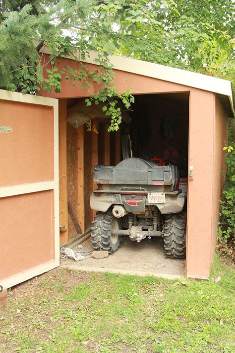 quad storage shed 2 Atv Shed Ideas, Atv Storage Shed, Lake Lot Ideas, Small Cozy Home, Atv Storage, Backyard Garage, Building A Shed, Cottage Design, Shed Storage