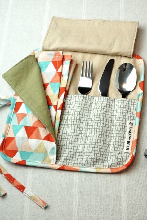 Pretty fabrics come together in these 5-slot utensil wraps. Each one is unique and comes with matching napkin and optional stainless steel utensils. Fat Quarter Sewing Projects, Cutlery Pouch, Baby Holder, Reusable Baby Wipes, Reusable Utensils, Steel Utensils, Camping Utensils, Facial Cloths, Knitting Club