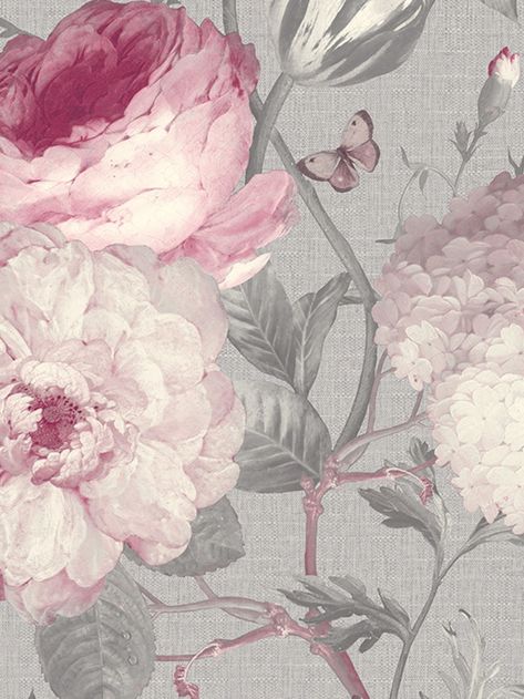 This luxurious Giorgio Floral Vinyl Wallpaper will bring a touch of timeless style and elegance to your home. The design features a large scale hand painted style floral trail in complimentary muted tones of pink and grey on a grey background. This heavyweight vinyl wallpaper has a textured fabric effect finish with a subtle sheen and would look stunning in a bedroom, hallway or lounge. Wallpaper Blush, Pink Flower Wallpaper, Vintage Pink Bathroom, Pink And Grey Room, Pink Flowers Wallpaper, Large Scale Floral, Wallpaper Rolls, Botanical Wallpaper, Muted Tones