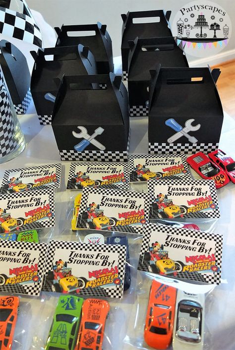 Car Racer Birthday Theme, Mickey Mouse Roadsters Birthday, Cars Birthday Favors, Race Car Birthday Party Favor Ideas, Mickey And Roadster Racers Party Ideas, Mickey Mouse Road Racers Birthday Party, Mickey Roadster Racers Birthday Ideas, Racer Birthday Theme, Car Birthday Favors