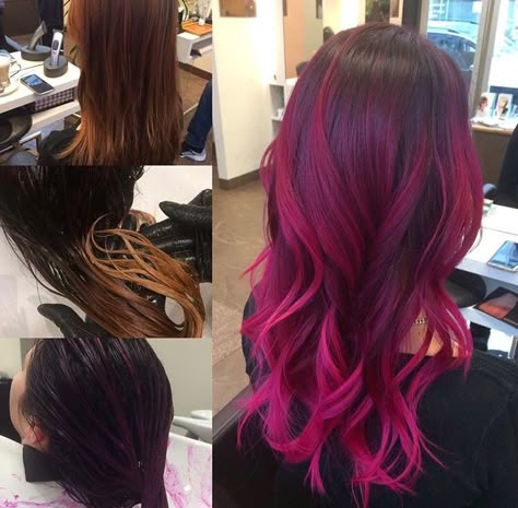 Brown To Pink Balayage, Pink Balayage Hair, Fuschia Hair, Raspberry Hair, Pink Balayage, Hairdressing Training, Magenta Hair, Pink Blonde, Hot Pink Hair