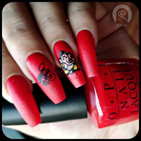 Ganesh Chaturthi Nail Art Designs, Ganpati Bappa Nail Art, Ganpati Nails Design, Ganesh Chaturthi Nail Art, Ganpati Nail Art, Ganpati Nails, Ganesha Chaturthi, Indian Nails, Opi Red