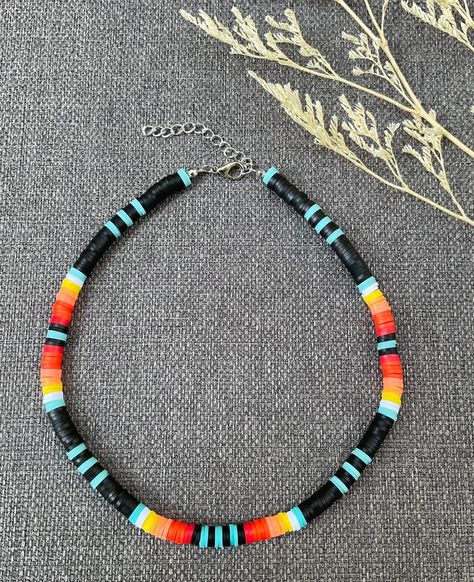 This necklace is handmade to last, with a nice colorful pattern, perfect for the summer ( or any time of the year, really)! This choker necklace gives bohemian-style vibes to your look. Each boho-style necklace was created with 6mm clay polymer discs, stainless steel-look lobster clasp, and 2 inch extender chain. I'm offering this necklace in seven different lengths. If you are interested in a different length or colors, please message me! My business thrives on Customer Satisfaction Please do not hesitate to reach me in case there is something wrong with your purchase. I will try my best to make it right for you. Thank you for shopping JGBestBeadedJewelry! Beaded Surfer Necklace, Diy Clay Bead Necklace, Polymer Clay Beads Ideas, Clay Bead Necklace Ideas, Clay Necklace Ideas, Clay Bead Jewelry, Polymer Necklace, Necklace Clay, Summer Choker