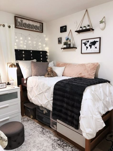 Dorm Carpet Ideas, Pink White Grey Dorm Room, Starry Dorm Room, Black White Dorm Room Ideas, Black Bed Dorm Room, Grey Dorm Aesthetic, Queen Size Bed In Corner Of Room, Modern Dorm Room Aesthetic, Black And White Aesthetic Dorm Room