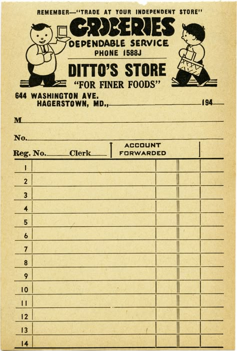 This unused printable vintage grocery store receipt was printed for Ditto’s Store in the 1940s. Ditto’s was located on 644 Washington Avenue in Hagerstown, MD and could be reached at telephone numb… Shopping Receipt, Free Receipt Template, Vintage Documents, Digital Ephemera, Journal Images, Free Vintage Printables, Receipt Template, Printable Vintage, Vintage Junk Journal