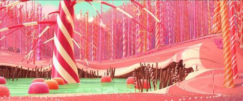 TheCandy Cane Forest is a forest consisting of candy cane trees and ponds of green taffy with gumdrops in Wreck-It Ralph. It is located in the game of Sugar Rush. Vanellope Y Ralph, Candy Background, Candy Castle, Orange Candy, Candy House, Film Disney, Pink Chocolate, Wreck It Ralph, Fantasy Setting