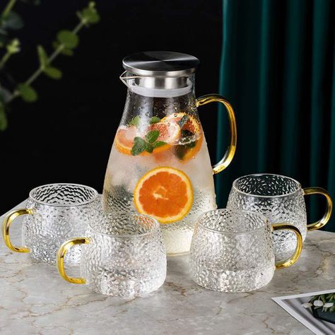 Unique Utensils, Fancy Water, Juice Glass Set, Glass Water Jug, Glass Beverage Dispenser, Water Jugs, Kitchenware Design, Drink Ware, Ice Tea