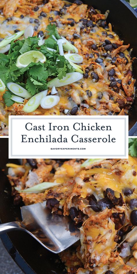 This Chicken Enchilada Casserole Recipe is a delicious casserole recipe loaded with a cornbread crust, chicken, beans, and cheese, all made in a cast iron skillet! #chickenenchiladacasserole #castironskilletrecipes www.savoryexperiments.com Chicken Ensalada, Cast Iron Casserole Recipes, Cast Iron Skillet Recipes Chicken, Easy Cast Iron Skillet Recipes, Baked Chicken Enchiladas, Oven Casserole Recipes, Cornbread Chicken, Easy Decoration Ideas, Cornbread Crust