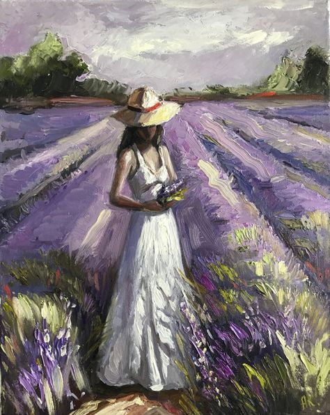 Woman Picking Flowers, Purple Flower Field, Flower Field Painting, Lavender Wall Art, Lavender Festival, Lavender Wall, Field Painting, Picking Flowers, Lavender Field