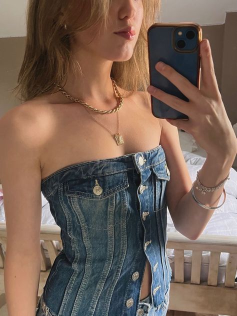 Denim bandeau top Strapless Denim Top, Denim Bandeau Top, Denim Bandeau Top Outfit, Denim Tube Top Outfit, Bandeau Top Outfit, Bandeau Top Outfits, Strapless Top Outfit, Bandeau Outfit, All Denim Outfit