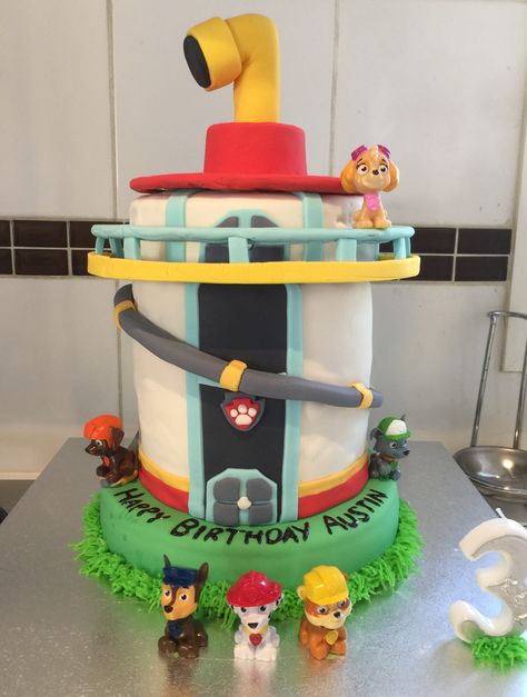 Paw Patrol Birthday Cake Lookout Tower, Paw Patrol Lookout Cake, Paw Patrol Tower Cake, Paw Patrol Lookout Tower, Motorcycle Birthday Cakes, Paw Patrol Birthday Party Cake, Paw Patrol Tower, Paw Patrol Lookout, Motorcycle Birthday