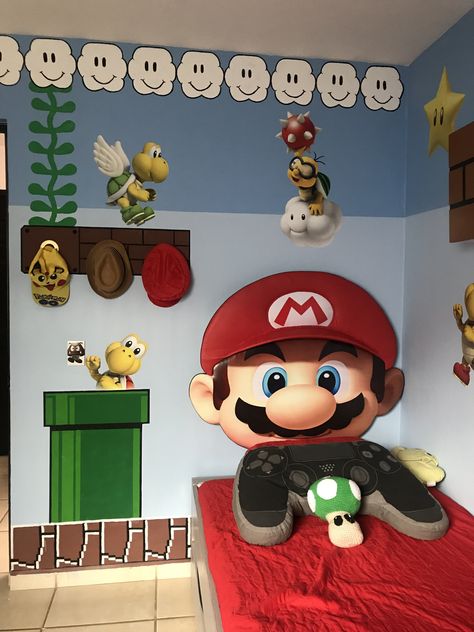 Recamara niños Mario bros Mario Bedroom Ideas Boys, Mario Bros Room, Nintendo Room, Super Mario Room, Mario Bros Birthday Party Ideas, Mario Room, Mario Theme, Mario Bros Birthday, Storage Furniture Bedroom