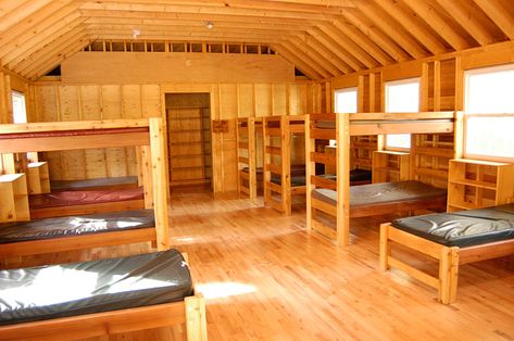 Camp White Pines Summer Camp House, Summer Camp Dorm, Camp Room, Summer Camp Cabin Interior, Summer Camp Building Design, Summer Camp Cabins, Camp Cabin, Summer Camp Cabin Layout, Adult Bunk Beds For Camps