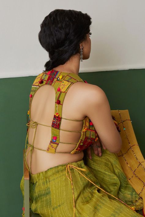 Buy Medha Green Embroidered Blouse With Tie Dyed Palazzos Online | Aza Fashions Sleeveless Blouse Designs, Embroidery Neckline, Blouse Designs High Neck, Blouse Designs Catalogue, Best Blouse Designs, Choli Blouse, Backless Blouse Designs, Latest Model Blouse Designs, Fashionable Saree Blouse Designs