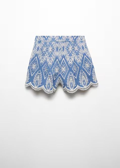 Embroidered openwork shorts Rush Outfits, Mango Shorts, Short Design, Seersucker Shorts, Faberge Eggs, Shorts Women, Designer Shorts, Clothing Essentials, Cut Work