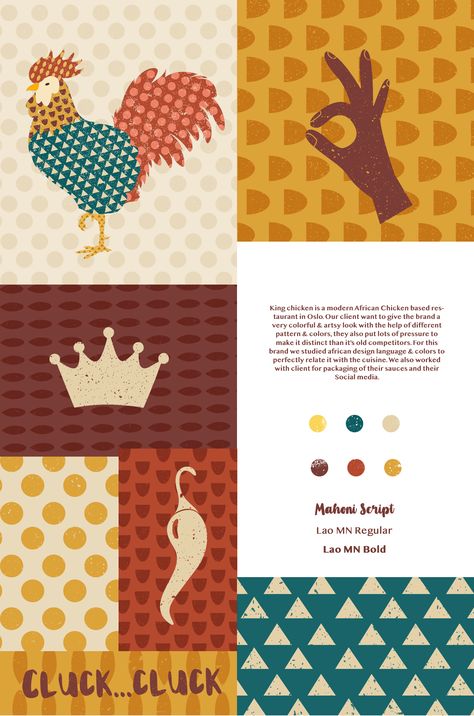 King Chicken Restaurant Branding on Behance Chicken Restaurant Branding, Chicken Restaurant Design, Fried Chicken Branding, Chicken Branding, Rice Illustration, Comfort Chicken, Food Colors Palette, African Chicken, Chicken Brands