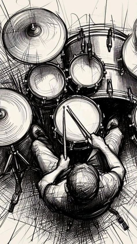 Drummer Sketch, Drummer Painting, Drum Set Drawing, Drummer Illustration, Drummer Drawing, Drums Drawing, Instruments Drawing, Instrument Illustration, Drum Drawing