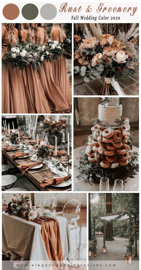 Country Wedding Colors, Rust Bridesmaid Dress, Fall Wedding Color Schemes, Rusting Wedding, Wedding Color Combos, Wedding Color Trends, Wedding Themes Fall, Brown Wedding, Wedding Theme Colors