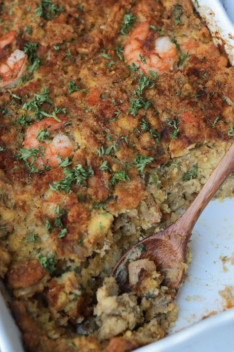 Fish Dressing, Oyster Cornbread Dressing, Seafood Cornbread, Shrimp Cornbread Dressing, Seafood Cornbread Dressing Louisiana, Seafood Dressing Recipe Cornbread, Cajun Cornbread Dressing, Cajun Seafood Dressing Recipe, Thanksgiving Fish Recipes